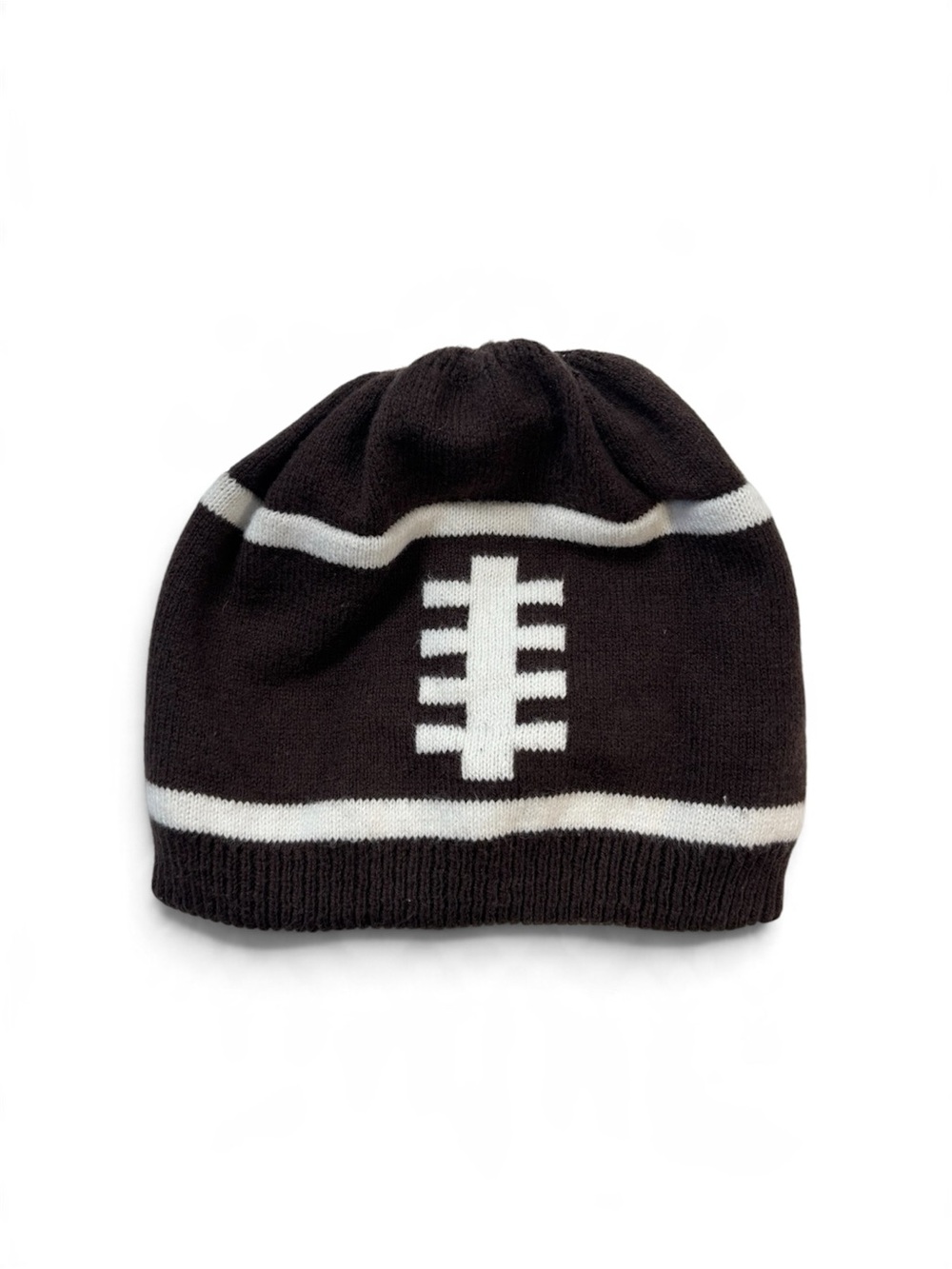 The Children's Place Brown White Knit Football Laces Beanie sporty Hat 6-12M